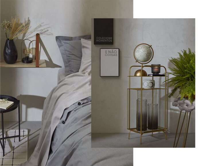 Uma montagem de fotos com alguns exemplos de móveis minimalistas em dourado e uma roupa de cama cinza