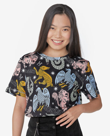 Uma menina vestindo uma camiseta escura com estampa colorida de Harry Potter com uma expressão sorridente.